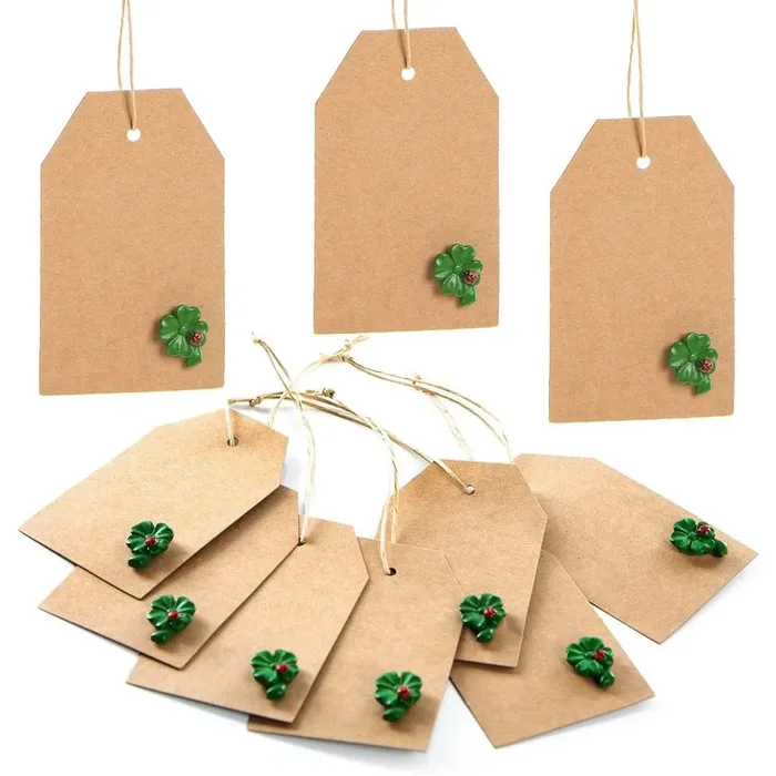 10 Geschenketiketten zum Beschriften braun + grüne Kleeblätter