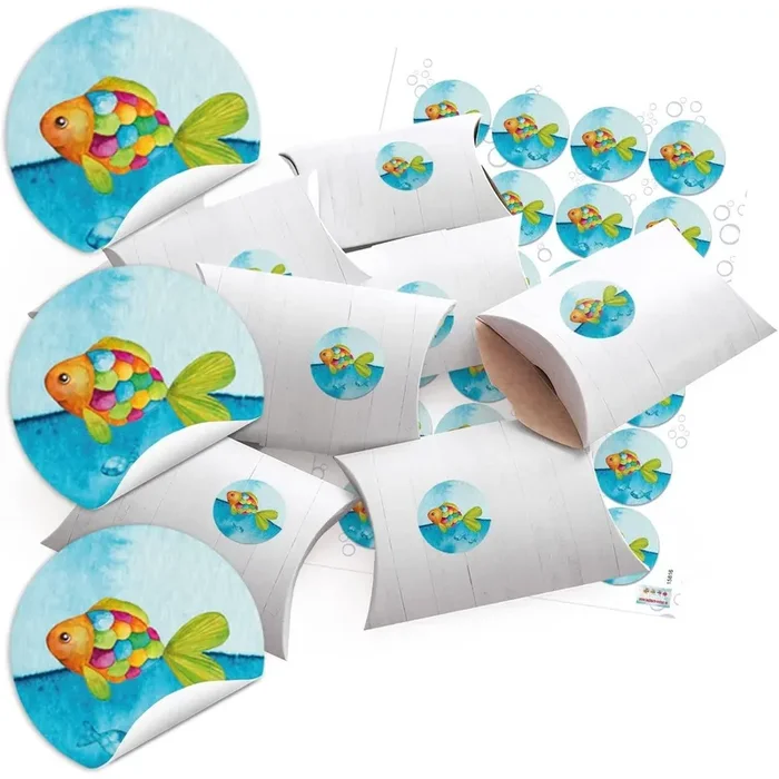 10 kleine Boxen Geschenkschachteln blau türkis Regenbogen-Fische 14,5 x 10,5 x ca. 3 cm mit 24 runden Aufklebern