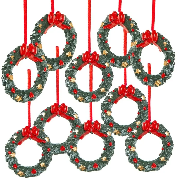 10 Stück Weihnachtsanhänger grüner roter Kranz mit Schleife 6 cm