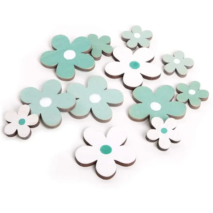 12 kleine Streublumen aus Holz türkis + blau + weiß 3-5 cm – als Streudeko