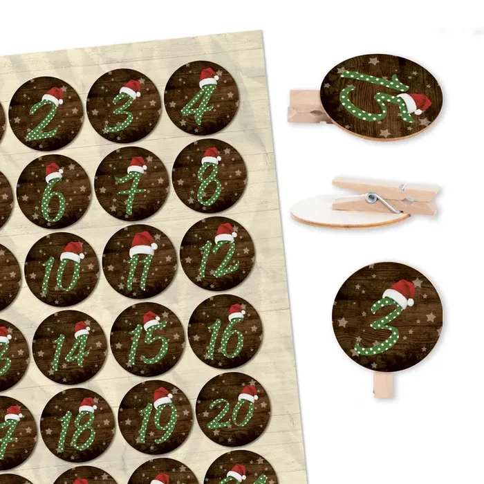 24er Set Aufkleber und Holzklammern zum Adventskalender Basteln, ca. 4 cm