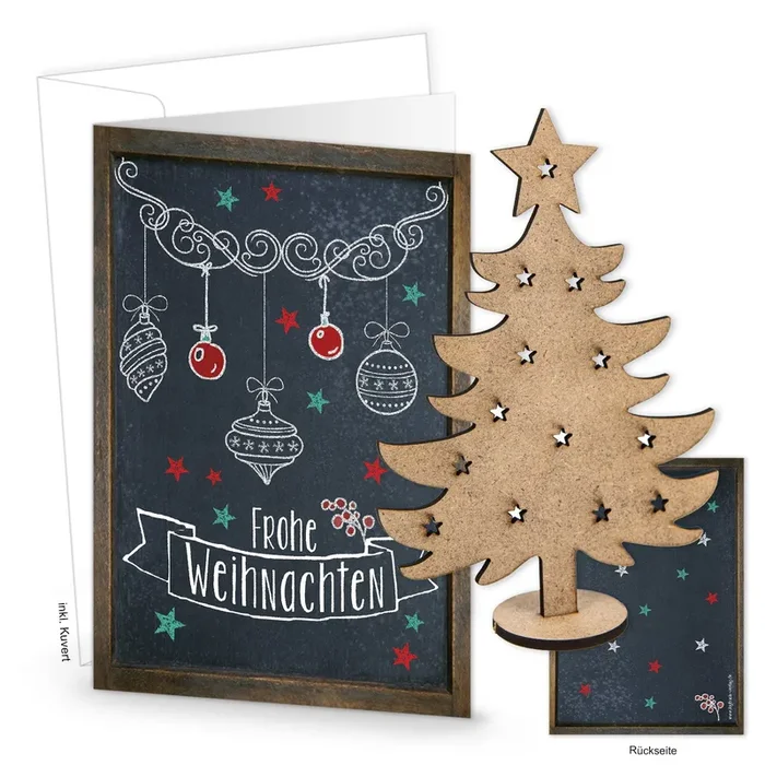 3 leere Weihnachtskarten DIN A6 mit Kuverts und Holzbaum zum Stecken