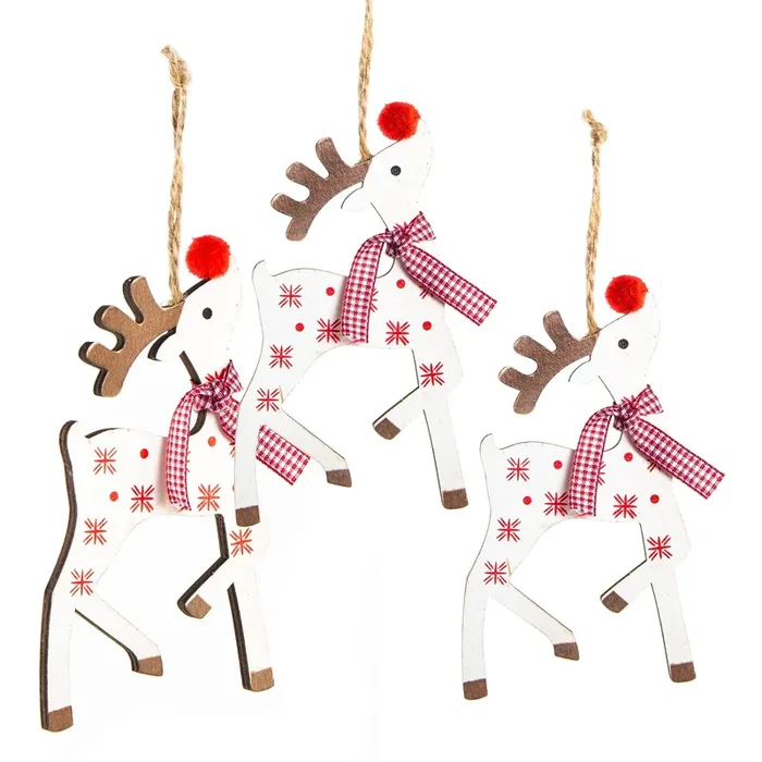 3 süße Weihnachtsanhänger aus Holz, rot-weiß gepunktete Rentiere, 13 cm