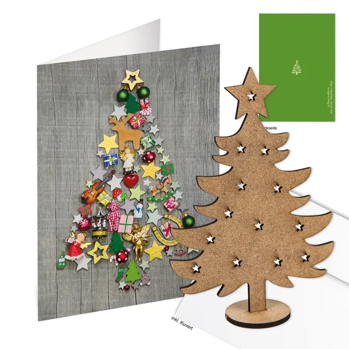 3 weihnachtliche Grußkarten DIN A6 mit Kuvert und Holz-Weihnachtsbaum