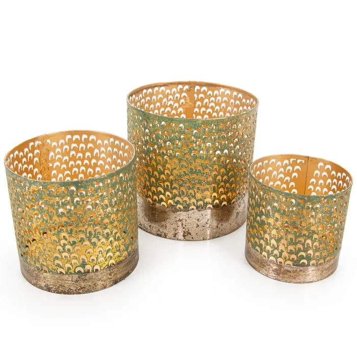 3 Windlichter aus Metall kleine Laternen Kerzenhalter Gold grün Balkon Terrasse Deko Geschenk-Set 8-12 cm