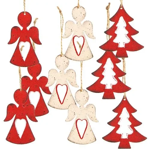 3 x 5 Weihnachtsanhänger Engel und Baum in Rot und Weiß, 8 cm, Shabby Chic