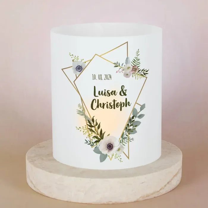 4er Set Lichthüllen zur Hochzeit mit Blüten, Namen und Datum, 2 Größen