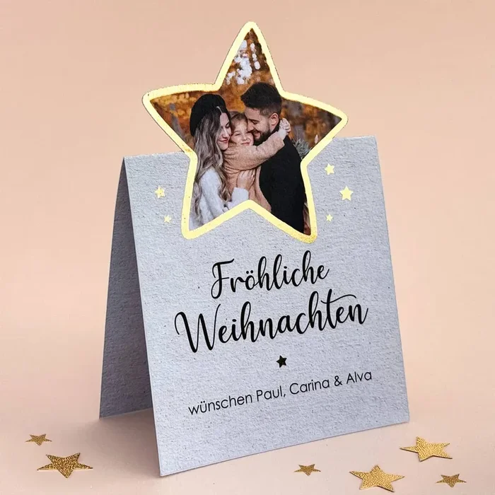 4er Set Weihnachtskarten mit Foto in goldenem Stern
