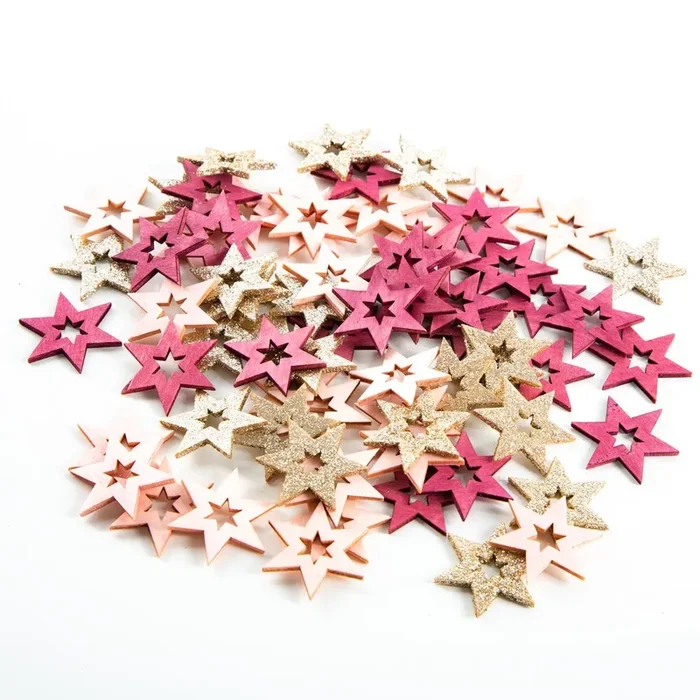 70 Mini Holzsterne in Rosa, Pink und Gold, 4 cm – Bastelmaterial Weihnachten