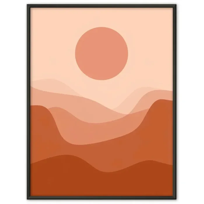 Abstrakter Landschafts Poster mit Pfirsichfarbener Sonne und Hügeln