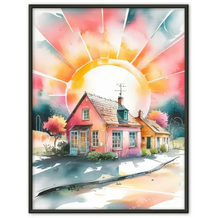 Aquarell Poster malerische Kleinstadt im Sonnenlicht