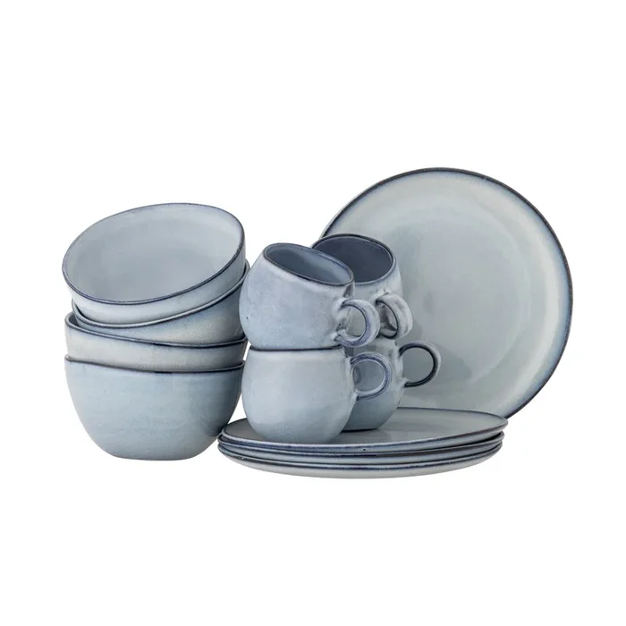 Bloomingville Sandrine Geschirrset Frühstück 4 Personen kleine Tassen Blau Steingut