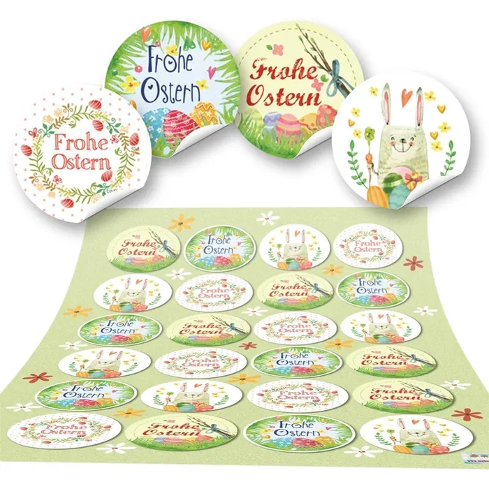 Bunte Osteraufkleber rund 4 cm mit Frohe Ostern Text