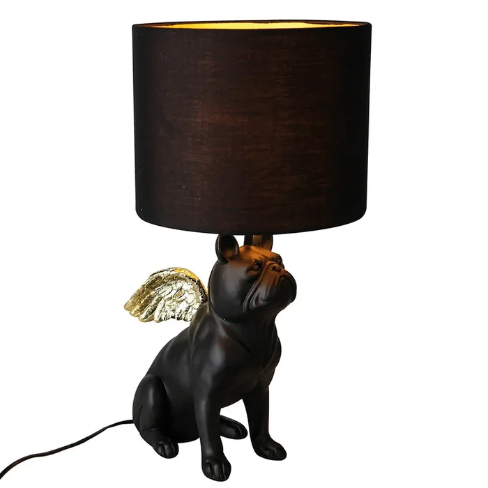 Casablanca Tischleuchte, Bulldogge, „Flying Bulli“, Bulldogge, Flügelmotiv, Kunstharz, Textil, schwarz, , H. 55 cm, D. 26 cm 89132