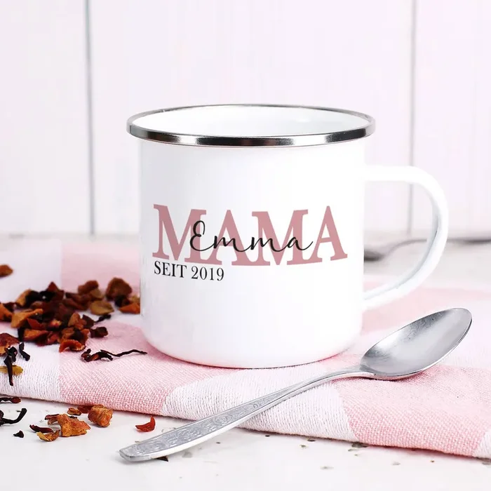 Emailletasse – Mama seit – mit Namensaufdruck zum Muttertag