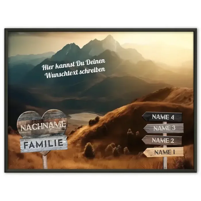 Familienposter personalisiert Wegweiser Berge & Wunschtext