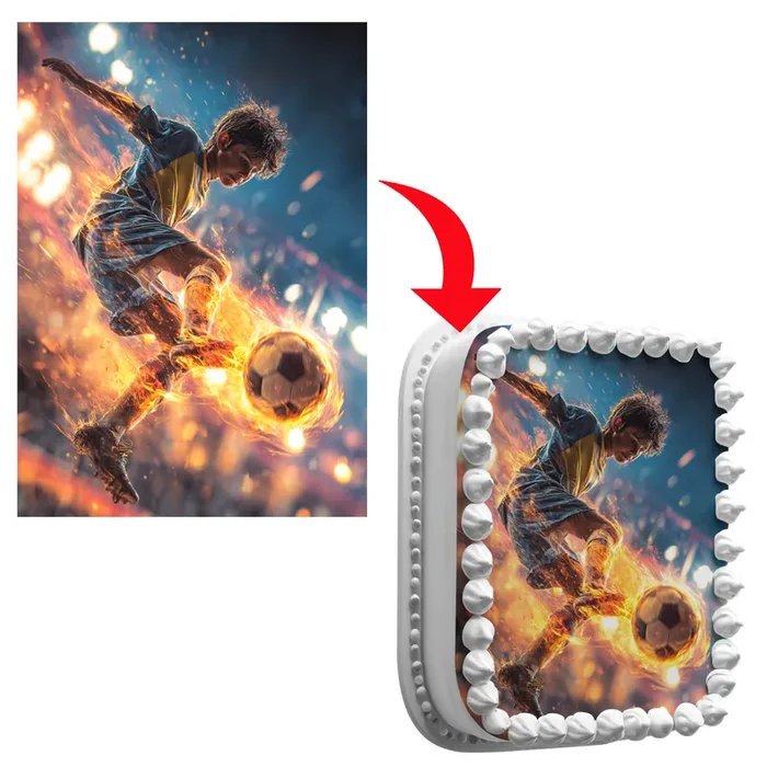 Feuerball-Fußball, Stadionlicht, Action-Motiv, Kindergeburtstag, Rechteckig Tortenaufleger – 200.0 G