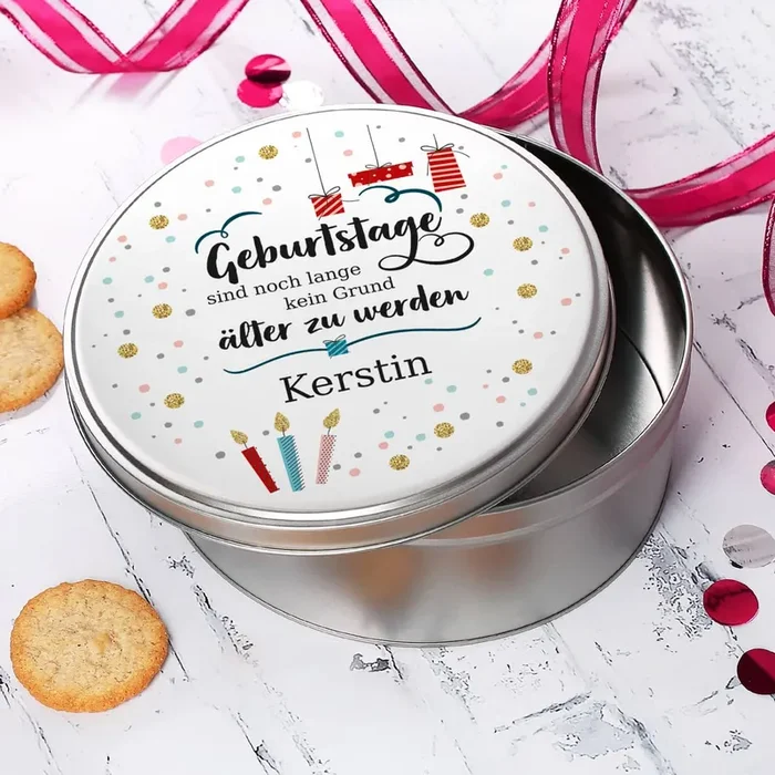 Geschenkdose mit Name – Geburtstage sind kein Grund älter zu werden