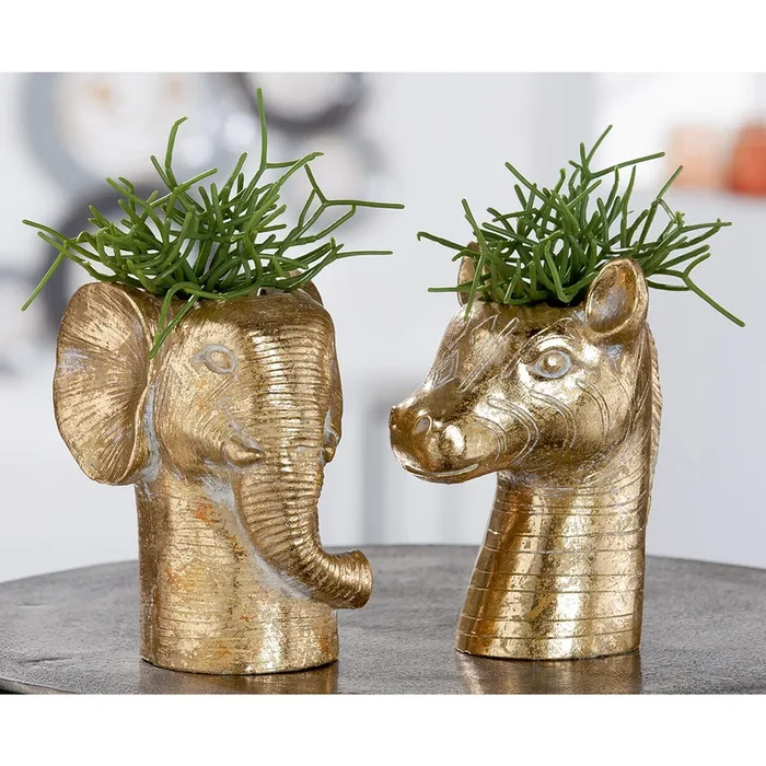 Gilde Übertopf, Elefant, „Safari“, Zement, goldfarben, VE 6, 2 Stück wie abgebildet,, L. 15 cm, B. 13 cm, H. 19 cm 31859