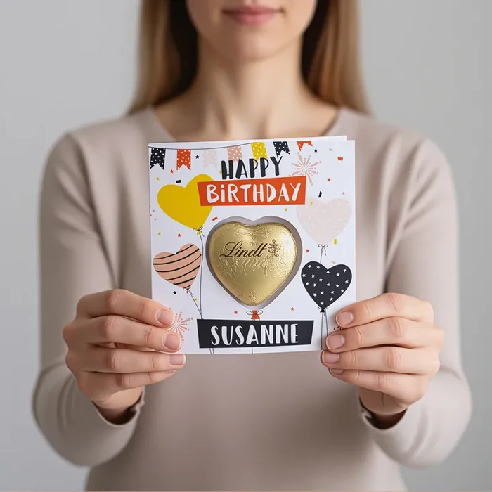 Happy Birthday – Geburtstagskarte mit Lindt-Schokoladenherz und Ihrem Wunschnamen