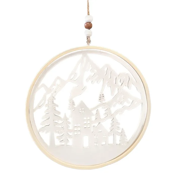Holz-Dekoring Winterbild Häuser & Berge 15,5 cm Natur-weiß zum Aufhängen