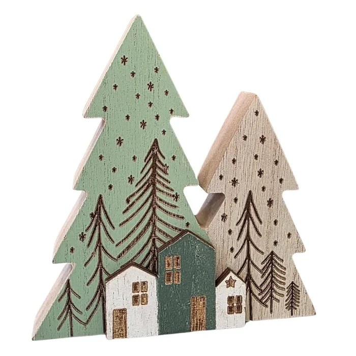 Holztanne mit Häuser Weihnachtsdeko 3D Winterlandschaft aus Holz Natur & Grün