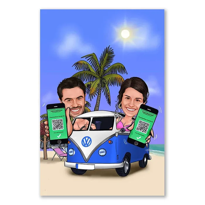 Karikatur vom Foto – Campingurlaub mit digitalem Impfpass (ca989)