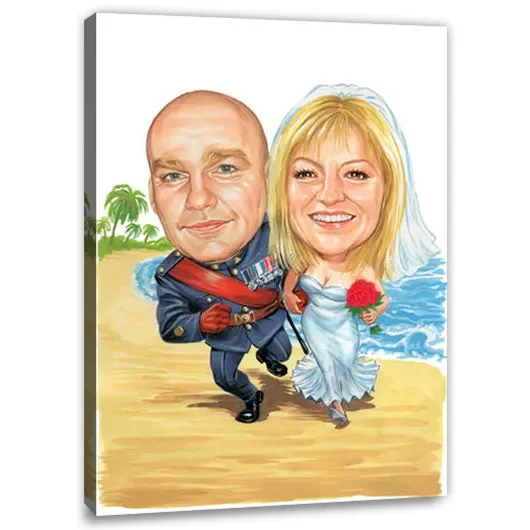 Karikatur vom Foto – Hochzeitspaar im Sand (cju326)