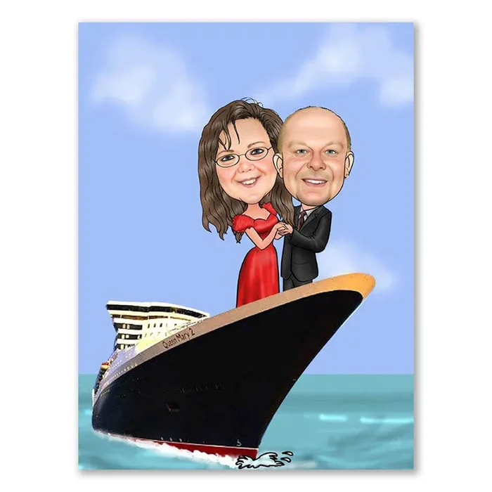 Karikatur vom Foto – Paar auf Dampfer (ca545)