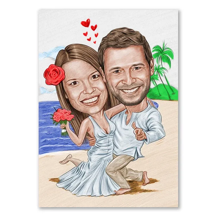 Karikatur vom Foto – Tropische Heirat Zeichnung mit rot (ca3611pen-color)