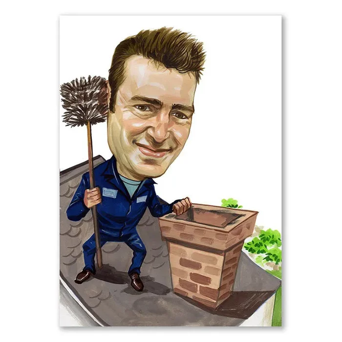 Karikatur zeichnen lassen – Schornsteinfeger auf Dach (cdi439)