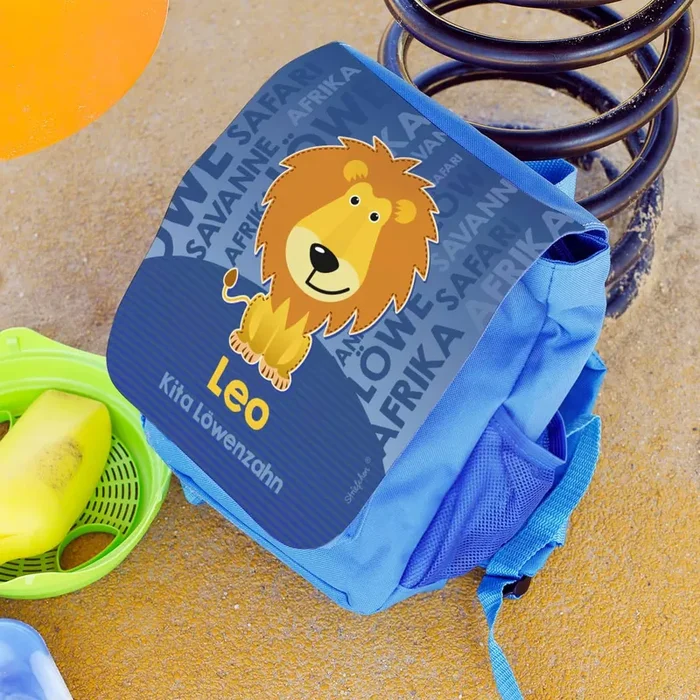 Kinderrucksack mit niedlichem Löwen, Name des Kindes und der Kita-Gruppe