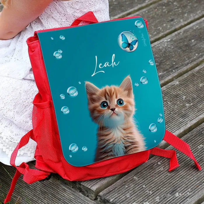 Kinderrucksack mit niedlicher Katze, Seifenblasen und Name oder Initialen