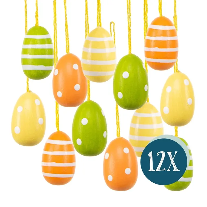 Kleine Ostereier zum Aufhängen aus Holz im Retro Look, 3 cm – 12er Set