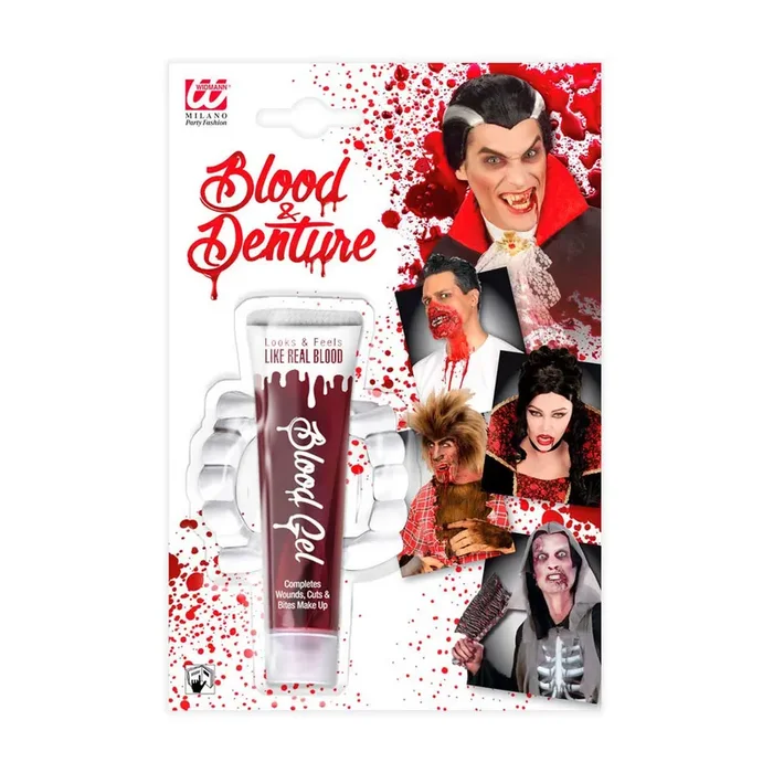 Kunstblut in der Tube mit Vampir Gebiss – 28 ml | Halloween Dekoration Fakeblood Vampirblut