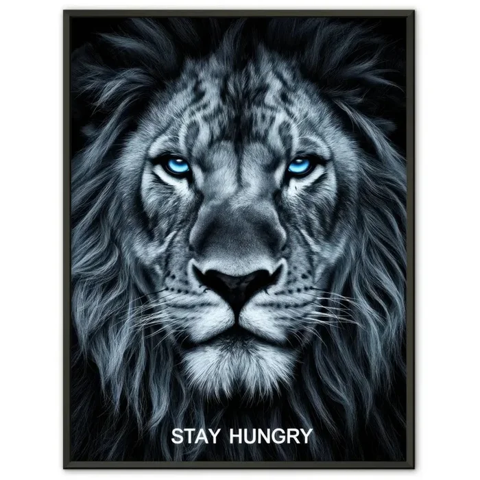 Motivierendes Poster Löwengesicht mit blauem Schimmer und STAY HUNGRY