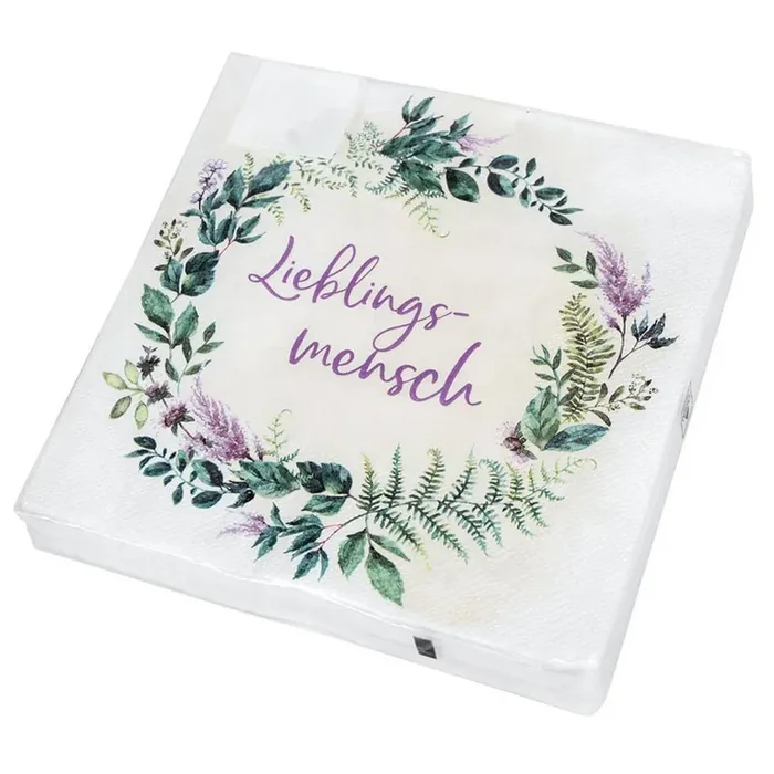 Motivservietten Vintage Lieblingsmensch 20Stk mit Vintage Blumenkranz grün und lila
