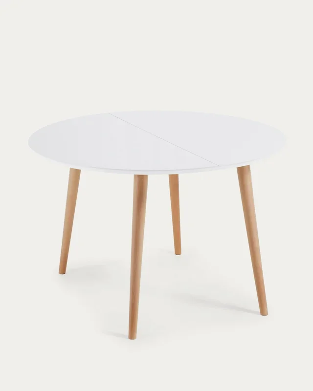 Oqui runder Ausziehtisch MDF weiss lackiert und Beine aus massiver Buche 120(200)x120 cm
