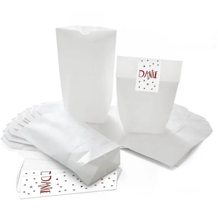 Ostertüten Set – kleine weiße Kreuzbodenbeutel 14 x 22 x 5,6 cm + Aufkleber 5 x 15 cm für festliche Geschenke 10er Set