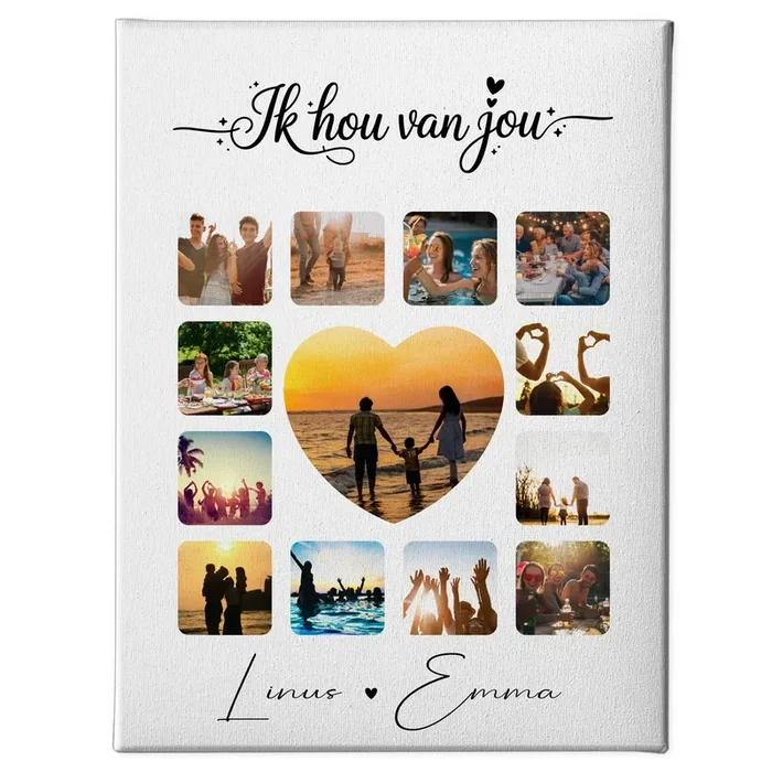 Personalisierte Leinwand Hochzeit mit Paar Fotocollage 13 Fotos Ik hou van jou Liebe auf Niederländisch Geschenk