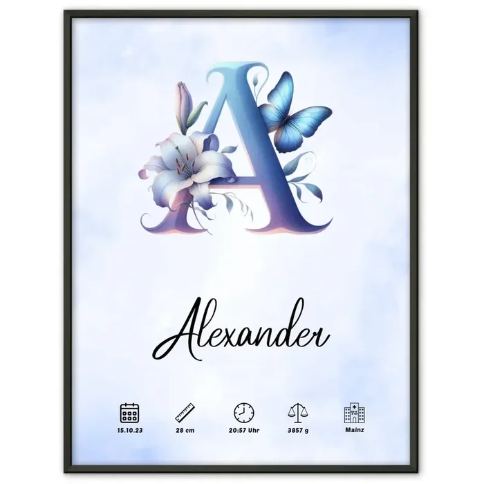 Personalisierte Poster Buchstaben A Wasserfarben Stil Hellblau Geburt
