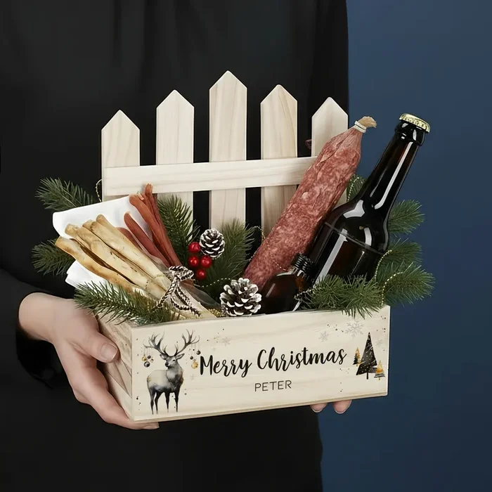 Personalisierter Geschenkkorb mit Wunschtext & Hirschmotiv zu Weihnachten – Pflanzkorb mit Zaun
