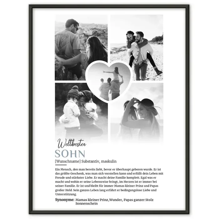 Personalisiertes Poster Definition Sohn 5 Fotos Schwarz Weiß mit Name