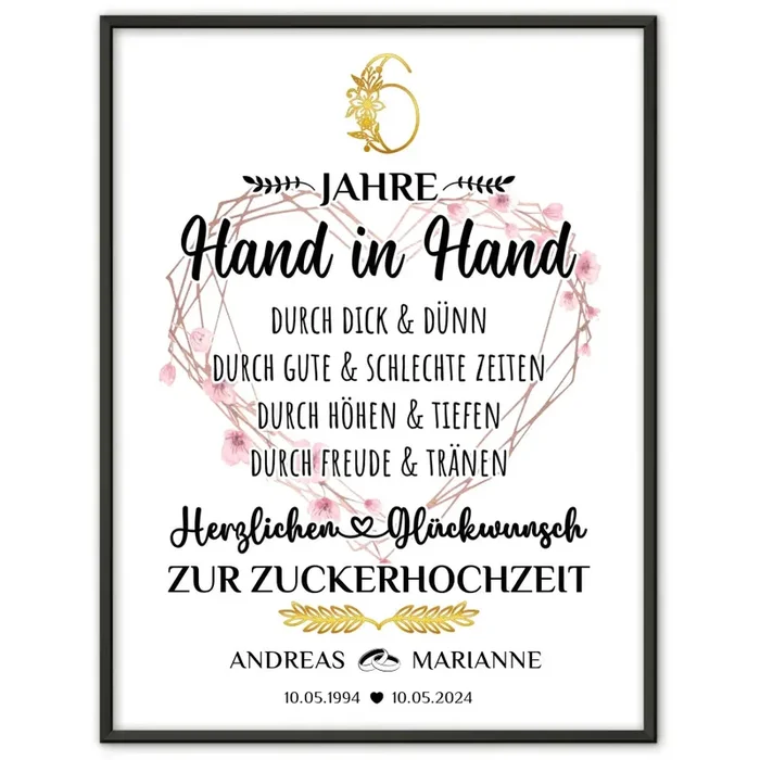 Personalisiertes Poster Geschenk 6 Hochzeitstag zur Zuckerhochzeit Hand in Hand mit Namen