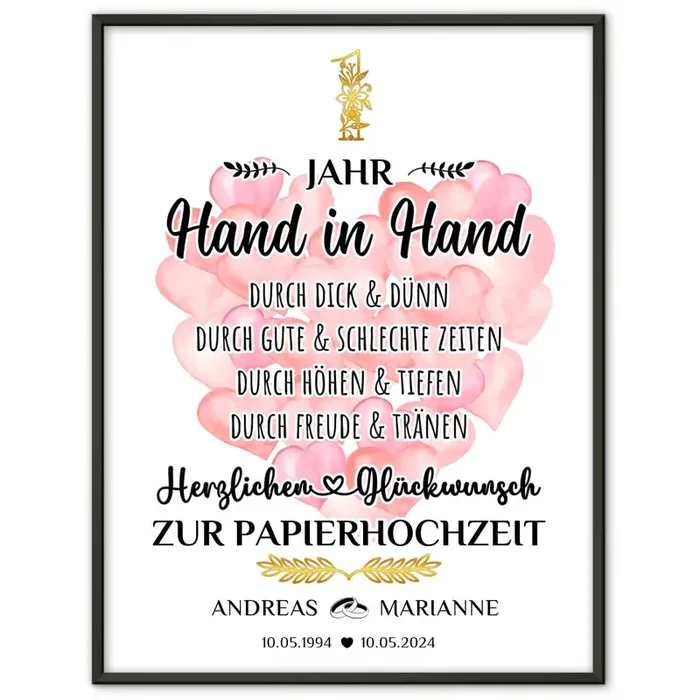 Personalisiertes Poster Geschenk zum 1 Hochzeitstag zur Papierhochzeit