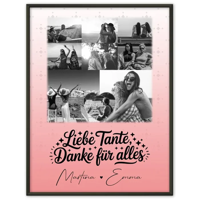 Personalisiertes Poster mit 8 Fotos und Herz Foto Liebe Tante Danke für alles Schwarz-Weiß