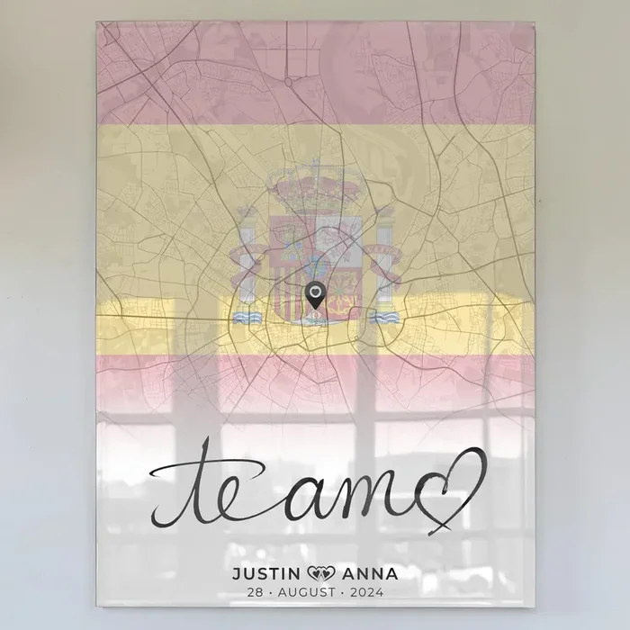 Personalisiertes Stadtkarten als Acrylglas Bild für Paare Te Amo Urlaub Spanien
