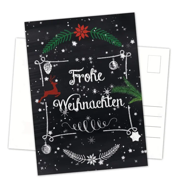 Postkarten Weihnachten DIN A6 hoch Tafelkreide-Optik schwarz weiß mit Weihnachtsmotiven und Text Frohe Weihnachten