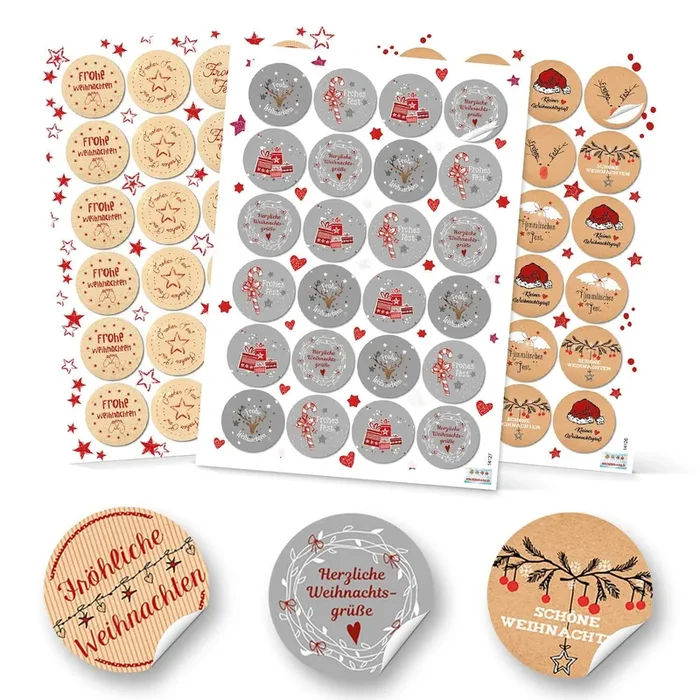 SET 3 x 24 runde Weihnachtsaufkleber 4 cm in Grau, Weiß, Rot, Natur und Schwarz