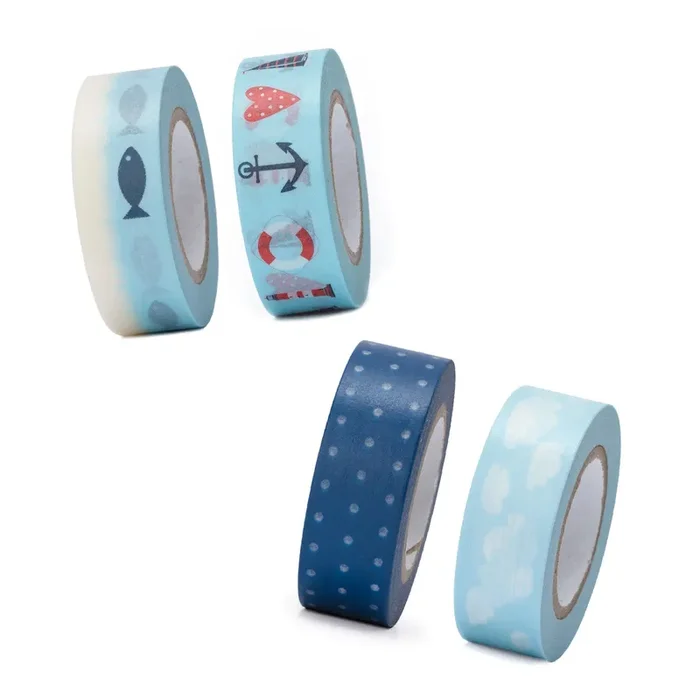 SET 4 x 1 Rolle Masking-Tape blau rot weiß türkis Fisch maritim Wolken Anker Herz Schiff Leuchtturm selbstklebend hell-blau maritim 1,5 cm x 10 m washi Band Klebestreifen